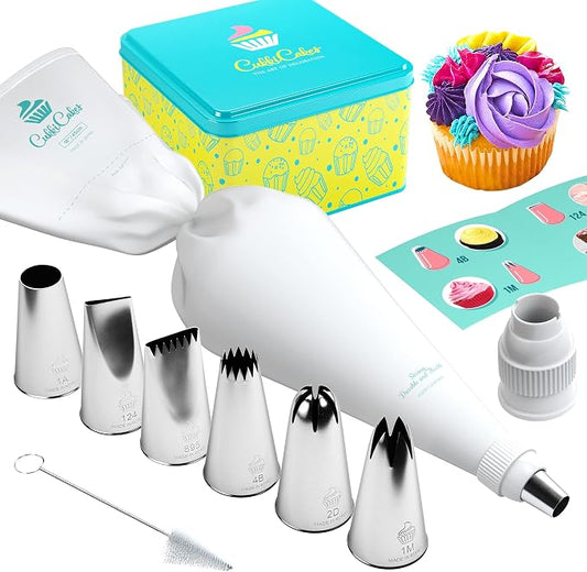Professional Icing Tips Set (9pcs): Reusable Pastry Bag + 6 Large Piping Tips (1M, 2D, 4B, 1A, 124, 895), for Decorating Cupcakes, Cakes & Churros - Piping Nozzles Kit Made in Korea & Japan by CukkiCakes