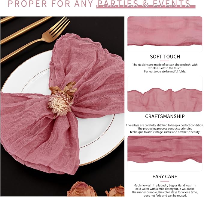 84 Packs Gauze Cheesecloth Napkins 20 x 20 Inch Dusty Rose Wrinkled Dinner Napkins, Dark Pink Rustic Boho Napkins Soft Cotton Cloth Napkins for Wedding Party Event Dinner Table Decoration - Image 3