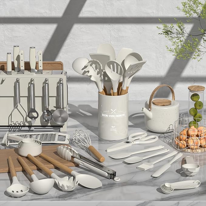 Umite Chef Silicone Kitchen Utensil Set, 34PCS Heat Resistant Kitchen Gadgets and Tools With Grater, Cream White Wood Handles for Nonstick Cookware - Image 2