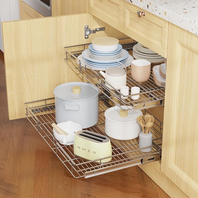 LOVMOR Individual Pull Out Cabinet Organizer, 2 Tier Slide Out Cabinet Drawers, Pots and Pans Organizer and Storage Pantry Shelf for Kitchen (30" W x 21½" D) - Image 5