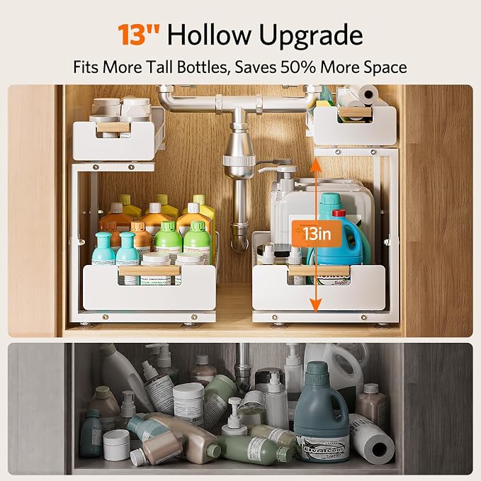 Delamu 2-Pack Under Sink Organizer, 2 Tier Pull out Under the Kitchen Sink Storage, Slide out Cabinet Organizer Shelf, Metal Sliding Drawer for Bathroom Pantry Closet Organization Rack, White - Image 4