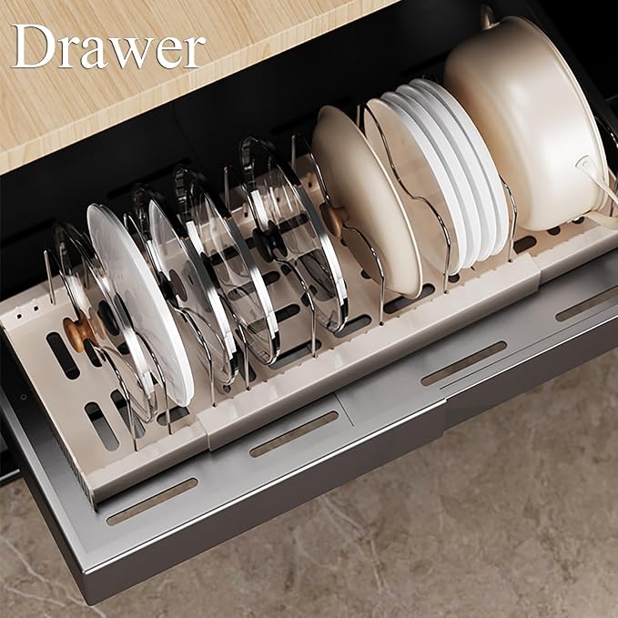 2 Pack Pots and Pans Organizer Under Cabinet 22" Expandable Pot Lid Holder | Pot Rack Inside Cabinet with 10 Adjustable Dividers for Kitchen Storage Cutting Boards, Lid, Bakeware, White 2PCS - Image 6