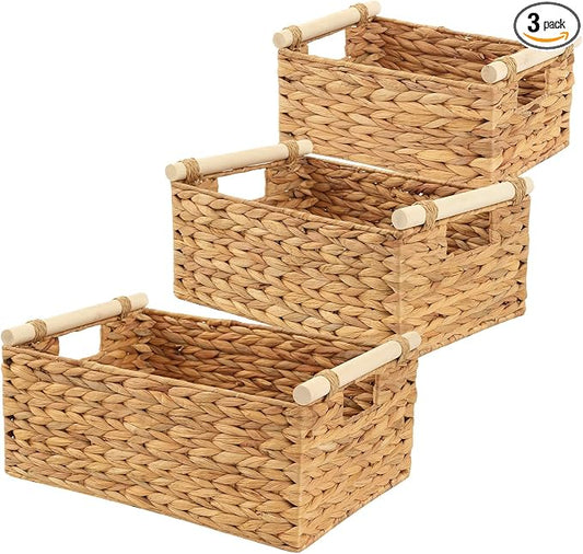 Woven Storage Baskets, Wicker Shelf Baskets, 3-Pack, 3 Sizes | 3-piece rectangular woven basket set in small, medium and large sizes; natural wicker organizers for shelves and cabinets. by Unknown