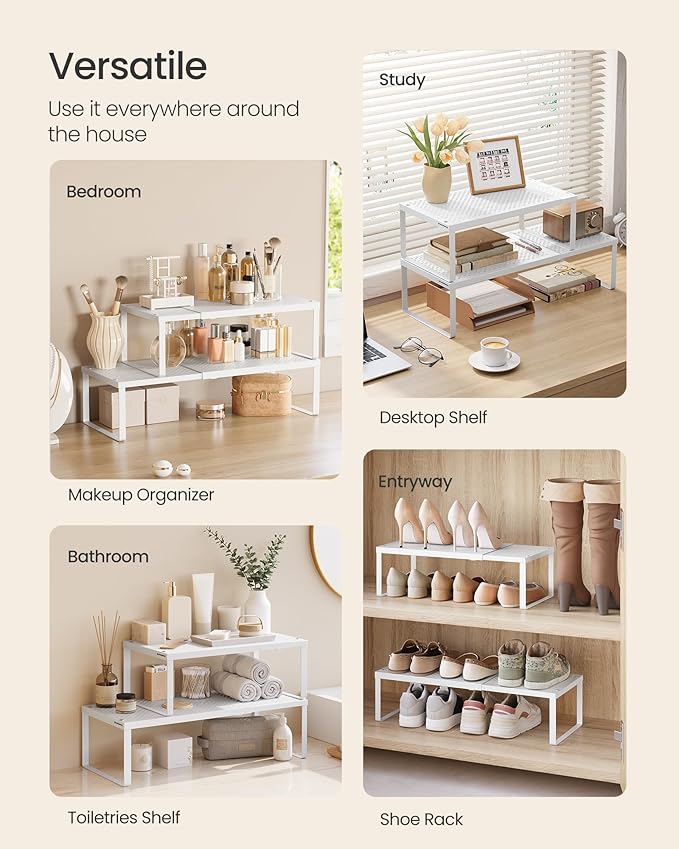 SONGMICS Spice Racks Expandable Kitchen Countertop Shelves, Metal | Set of 2 small cupboard organizers, space-saving tabletop shelves, Matte White, UKCS402W01 - Image 5