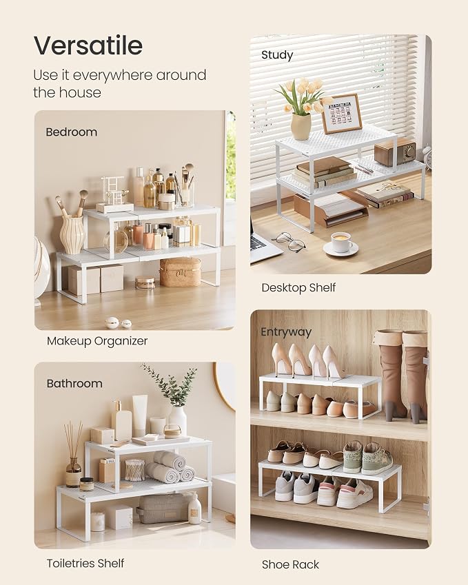 SONGMICS Spice Racks Expandable Kitchen Countertop Shelves, Metal | Set of 4 small cupboard organizers, space-saving tabletop shelves, Matte White, UKCS404WC01 - Image 5