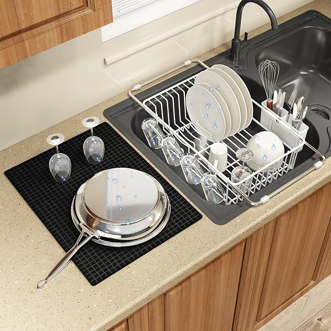 White Dish Drying Rack Over The Sink with Utensil Holder, Mat | Expandable Stainless Steel Dish Drainer for Small Kitchen, Apartment, RV, Counter Space Saving, Perfect Fit, Rustproof by MAJALiS