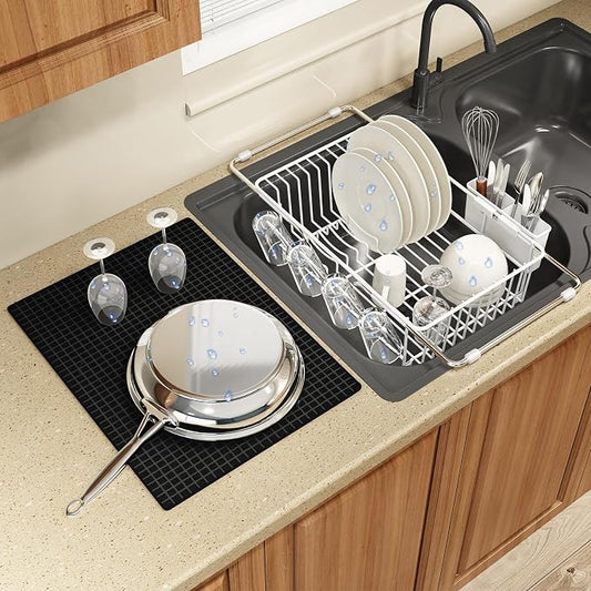 White Dish Drying Rack Over The Sink with Utensil Holder, Mat | Expandable Stainless Steel Dish Drainer for Small Kitchen, Apartment, RV, Counter Space Saving, Perfect Fit, Rustproof by MAJALiS