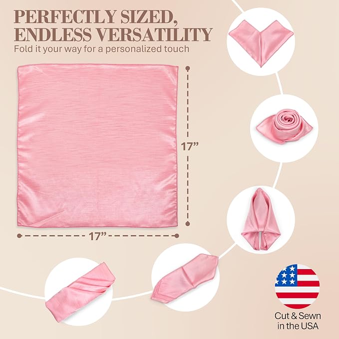 17x17-Inch Shantung Cloth Napkins, Light Pink, Set of 12 | Bulk Case of 1 Dozen, Satin, Square, 100% Polyester Fabric, Reversible, Faux Dupioni Silk Reverse Side, Machine Washable - Image 6