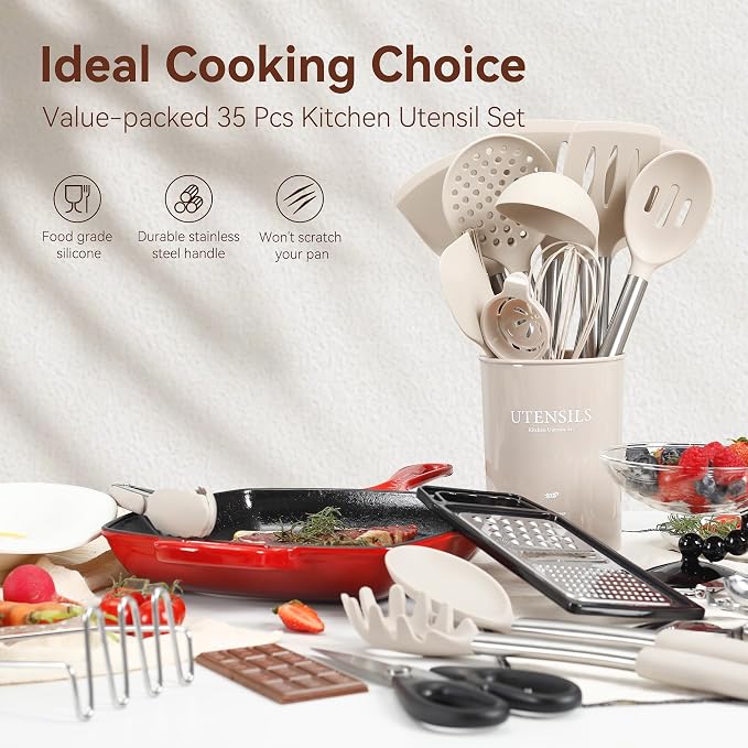 NCUE 35 Pcs Silicone Cooking Utensils Set BPA Free 446°F Heat Resistant | Stainless Steel Handles Kitchen Utensils Set, Thickened Heads Silicone Grips Nonstick Dishwasher Safe for Baking Housewarming - Image 2
