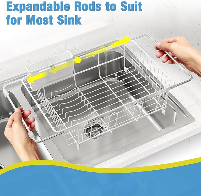 JASIWAY White Dish Drying Rack in Sink, Dish Drainer with Utensil Holder | Over The Sink Expandable Stainless Steel Strainer Dryer Rack for Small Kitchen, Counter Space Saving, Fast Drain, Rustproof - Image 4
