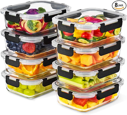 Sorbus 16pc (8 Rectangular 35oz Food Storage Containers and 8 Airtight Lids) – 4.4 Cup Glass Meal Prep Containers, Dishwasher, Freezer, and Oven Safe – Reusable Glass Food Containers for Meal Prep by Sorbus
