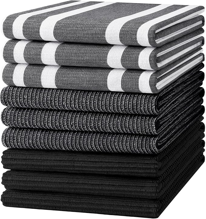Homaxy Cotton 380 GSM Premium Kitchen Towels, 18"x 28", 9 Pack, Black | Soft and Absorbent Terry Dish Towels, Multipurpose Tea Towel Set with Hanging Loop, 3 Styles Kitchen Hand Towels by Homaxy