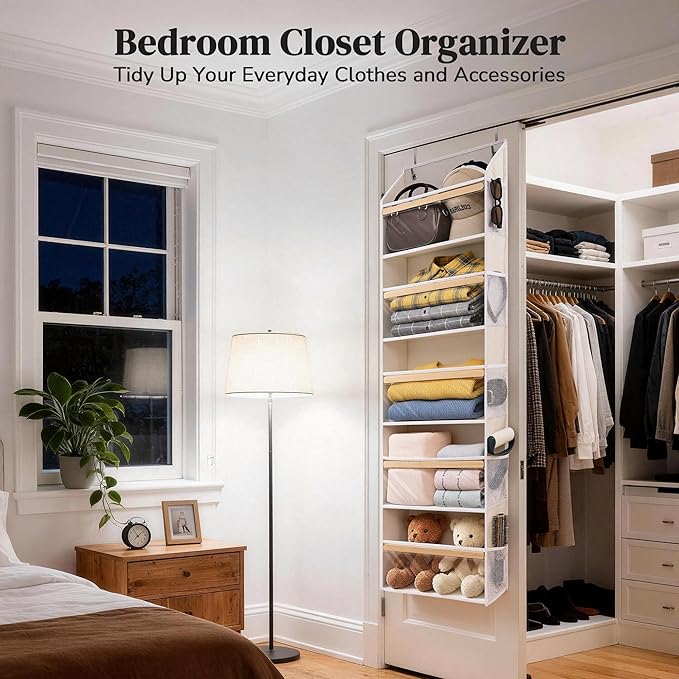 5 Tiers Natural Bamboo Over Door Organizer with 10 Mesh Side Pockets, 50 lbs Weight Capacity Hanging Storage Organizer with Clear Window Kids Toys, Shoes, Diapers, Warm Beige - Image 3