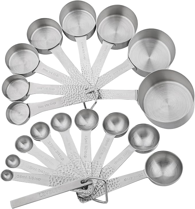 Measuring Cups and Spoons Set 19, Stainless Steel Measuring Cups and Spoons Set for Baking, Metric &US Metal Kitchen 8 Measuring Cup & 9 Measure Spoon & Equivalents & Leveler Set - Image 4