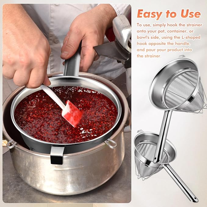 Nuogo 2 Set Stainless Steel Chinois Strainer Fine Mesh Metal Food Bouillon Sieve Strainer Cone Fine Mesh Strainer with Handle and Silicone Spatula for Sauce Jam Jelly Tea(10 Inch+8 Inch) - Image 5