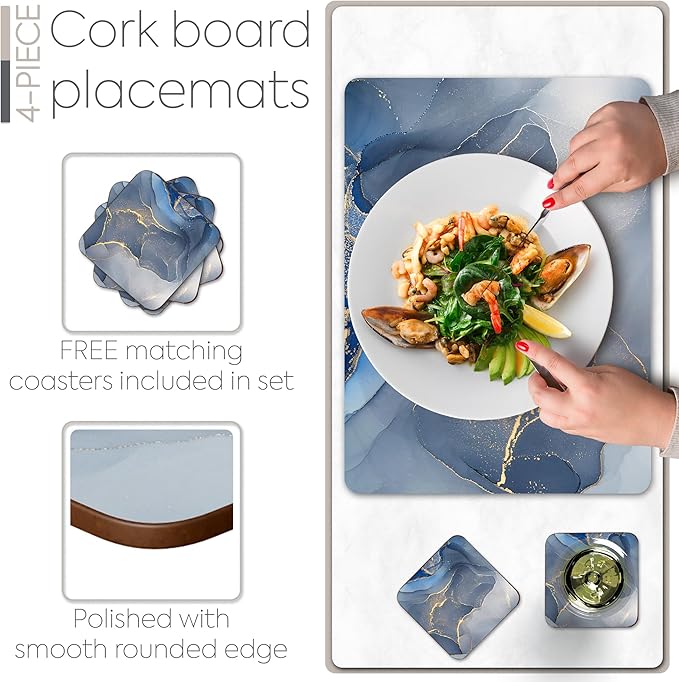 Set of 4 Heat Resistant Cork Placemats for Dining Table with Free Set of 4 Matching Drink Coasters Marble Design 16 x 12 Inches Cork Backed Hard Placemats (Blue & Gold) - Image 4