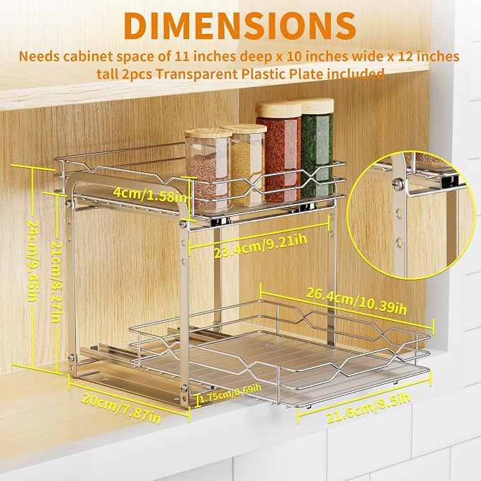 RCHYFEED Pull Out Spice Rack, 2 Tier Height Adjustable Vertical Spice Rack | Chrome,Tape or Screw Mount Available, Heavy Duty Sliding Spice Rack 9.2W x 10.4D x 9.8H, Fits Cabinets with or without Lip - Image 2