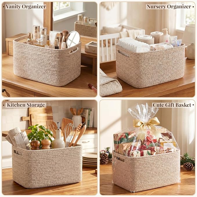 OIASKET 4Packs Natural Cotton Rope Storage Baskets for Organizing Toys, Clothes, Towels & Books, Soft Versatile Organizers for Shelves, Home Decorative Bins, 13''Lx9''Wx7.8''H, Brown - Image 7