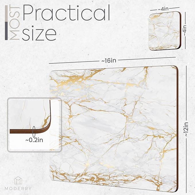Set of 4 Heat Resistant Cork Placemats for Dining Table with Free Set of 4 Matching Drink Coasters Marble Design 16 x 12 Inches Cork Backed Hard Placemats (Foiled Gold) - Image 7
