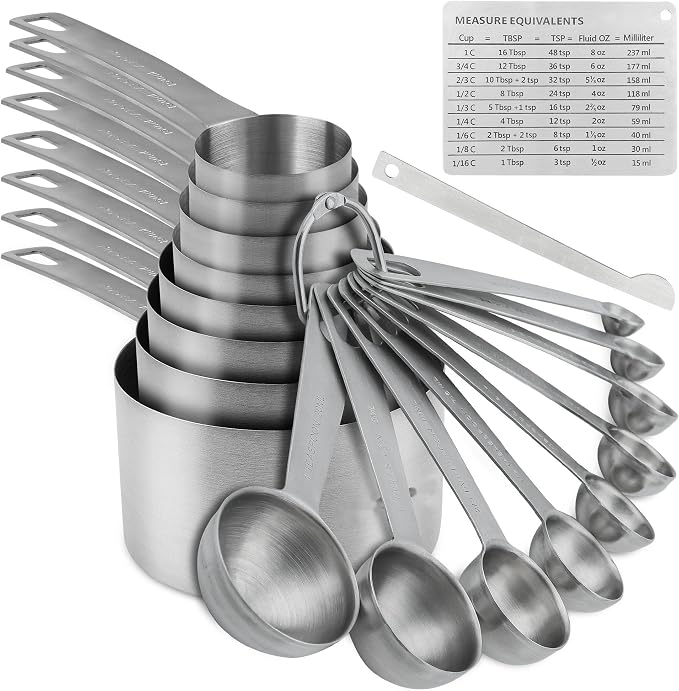 Measuring Cups and Spoons Set, 18/8 Stainless Steel 8 Measuring Cups and 9 Measuring Spoons with Leveler and Measurement Enquivalents, Kitchen and Baking Measure Cups Spoons Set of 19 by Nstezrne
