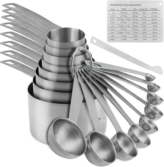 Measuring Cups and Spoons Set, 18/8 Stainless Steel 8 Measuring Cups and 9 Measuring Spoons with Leveler and Measurement Enquivalents, Kitchen and Baking Measure Cups Spoons Set of 19 by Nstezrne