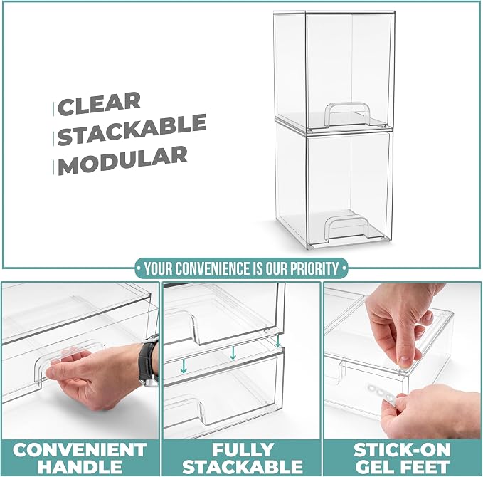Sorbus Acrylic Storage Containers - 2 Pack, Stackable Storage Bins Set for Bathroom Organization - Clear Acrylic Drawer Organizers - Makeup Case Pull-Out Drawers (7.6’’ Tall) - Image 5