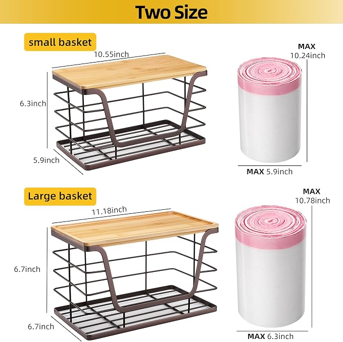 ALOCEO 2 Pack Stackable Wire Storage Basket with Bamboo Lid, Trash Bag Dispenser Under Sink for 4-13 Gal Bags, Kitchen Storage Bins for Potato and Onion, Brown - Image 3