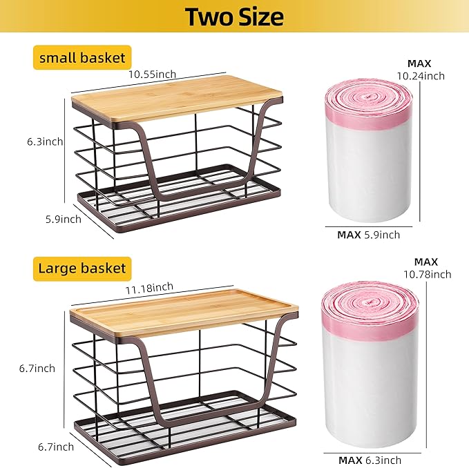 ALOCEO 2 Pack Stackable Wire Storage Basket with Bamboo Lid, Trash Bag Dispenser Under Sink for 4-13 Gal Bags, Kitchen Storage Bins for Potato and Onion, Brown - Image 3