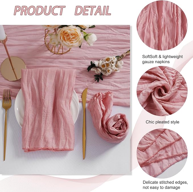 LZY 30 Pack Gauze Cheesecloth Napkins 20x20 Inch Dinner Cloth Napkins, Soft Boho Table Napkins Rustic Wrinkled Cheese Cloth Napkins Bulk for Wedding Party Baby Shower Event Decor (Dusty Pink) - Image 4