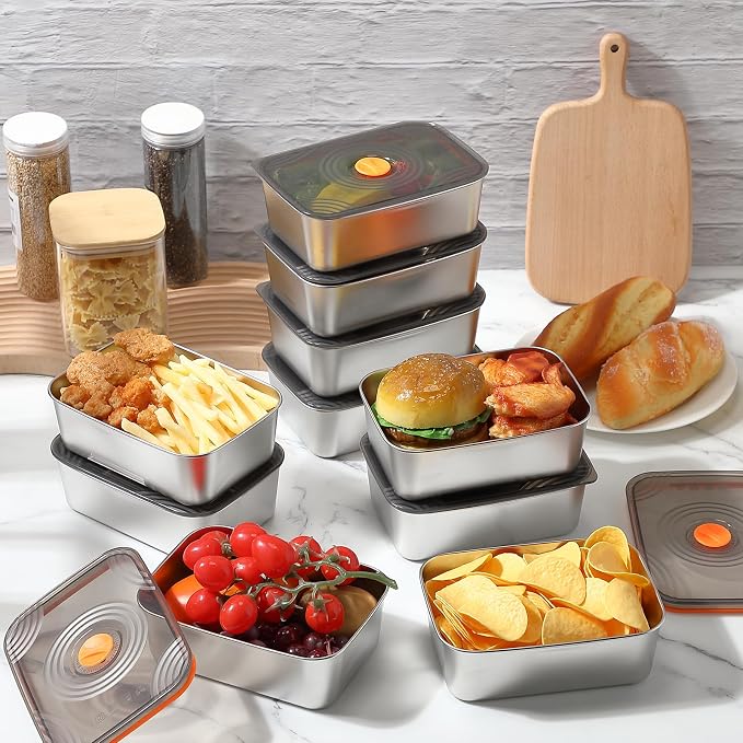Layhit 16 Sets 34oz Stainless Steel Food Storage Containers with Lids Large Reusable Stackable Metal Container Outdoor Rectangle Fruit Lunch Box for Picnic Travel Dishwasher and Freezer Safe - Image 7