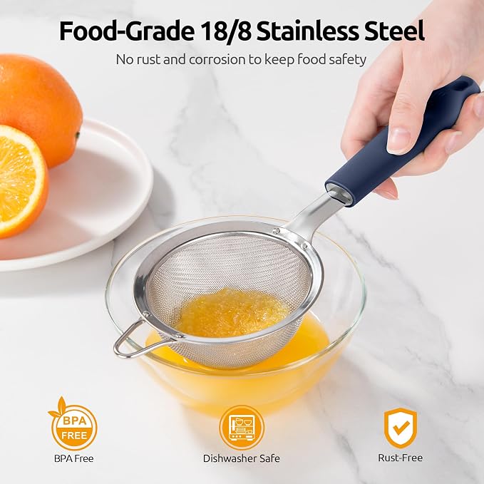 U-Taste 18/8 Stainless Steel Measuring Cups and Spoons (Set of 10, Midnight Blue), and Fine Mesh Strainer with Sturdy Riveted Silicone Handle and Strong Frame (Midnight Blue) - Image 8