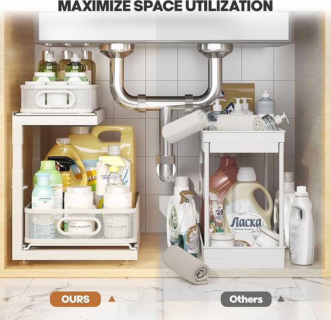 2-Pack Under Sink Storage Organizer with 2-Tier Slide Out Drawer, Sophisticated Mesh Pull Out Shelf for Kitchen & Bathroom, Fits Small Items, Upgraded Arched Track for Smooth Gliding(Patented) - Image 5