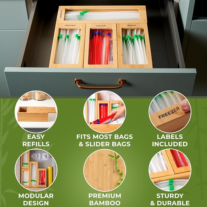Bamboo Storage Bag Organizer for Drawer, 4 Blocks – Plastic Bag Organizer | Modular Kitchen Organization, Quick Refill – Fits Gallon, Quart, Sandwich & Snack Size Bags - Image 4