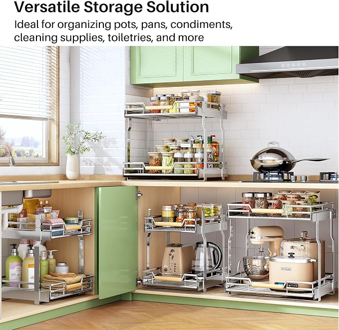Pull out Cabinet Organizer, 2 Tiers 15"W X 21"D, Heavy Duty Smooth Sliding Under Cabinet Shelves for Pots and Pans, Full-Extension Roll out Drawers, Slide out Organization for Home Kitchen Pantry - Image 2