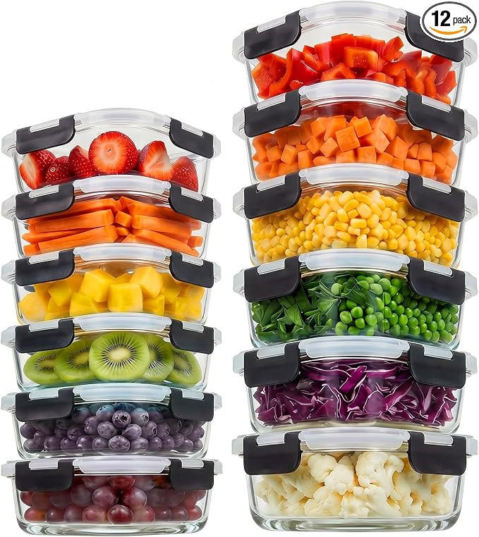 Konokyo Square Glass Food Storage Containers with Lids, Meal Prep, 12 Pack | Airtight Leakproof Meal Prep Containers, BPA-Free, Microwave Oven Freezer & Dishwasher Safe, Assorted Sizes by Konokyo