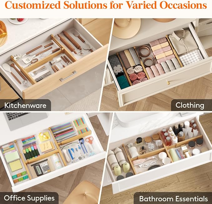 Lifewit 2.4" High 6 Pack Bamboo Drawer Dividers 33-42cm/13-16.5" Adjustable Wooden Drawer Organizer for Clothes/Utensils, Expandable Drawer Separator for Dresser/Kitchen/Bedroom/Office Organization - Image 7