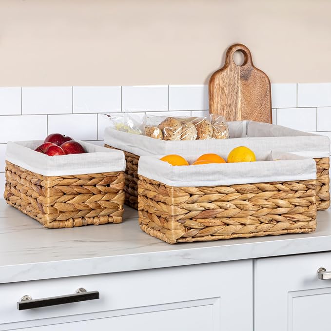 Household Essentials Wicker Basket Set, 3 Pieces, 1 Large and 2 Small Water Hyacinth Baskets for Storage and Organization by HouseholdEssentials