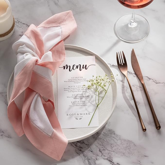 Linen Dinner Napkins 20 x 20 inch - 100% Pure Linen White and Pink Dinner Cloth Napkins Set of 4 - Classic Hemstitch Cloth Napkins Washable for Spring and Easter Decor - Image 4