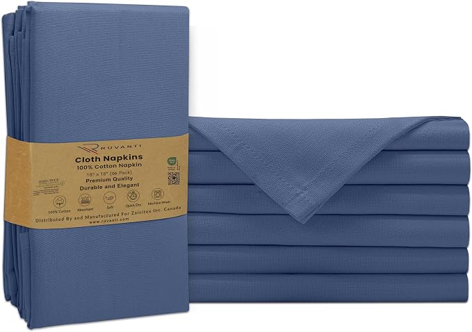 Ruvanti Cloth Napkins Set of 6, 100% Cotton High GSM 18x18 Inches Soft, Washable, Highly Durable & Absorbent, Perfect for Parties, Christmas, Thanksgiving Dinners – Bijou Blue by Ruvanti