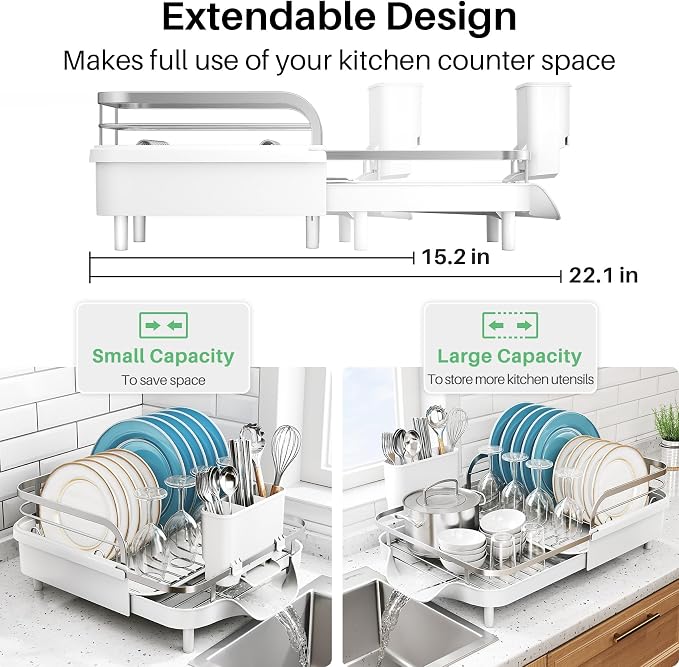 SNTD Expandable Dish Drying Rack for Kitchen Counter, 15.2-22.1 in, White | Rust-Resistant Stainless Steel, Protective Side Rails, Self-Draining Drainboard, Removable Utensil Holder - Image 2