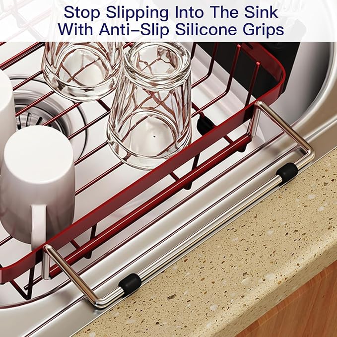 Red Dish Drying Rack Over The Sink with Utensil Holder, Mat | Expandable Stainless Steel Dish Drainer for Small Kitchen, Apartment, RV, Counter Space Saving, Perfect Fit, Rustproof - Image 8