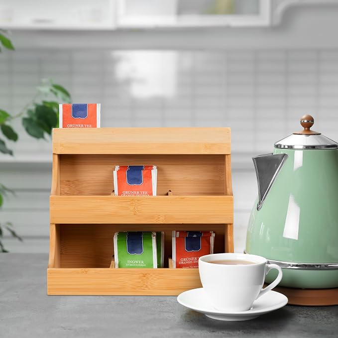 Relaxdays Tea Box, 9 Compartments, Organiser, Bag Storage, Bamboo, HWD: 24 x 26 x 17.5 cm, Vertical Tiered Rack, Natural, 24 x 26 x 17,5 cm - Image 2