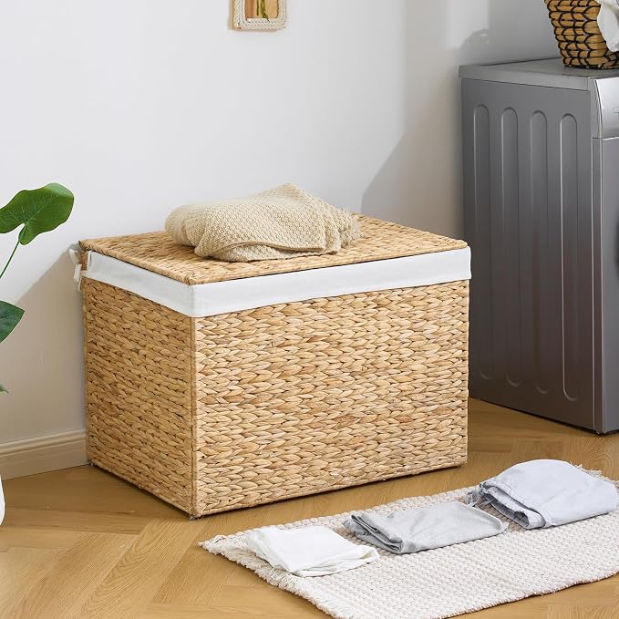Water Hyacinth Storage Basket with Lid, 46.2 Gallon (175L) Wicker Shelf Basket with Removable Liner, Wicker Storage Basket for Blanket, for Livingroom, Bedroom, Natural - Image 2