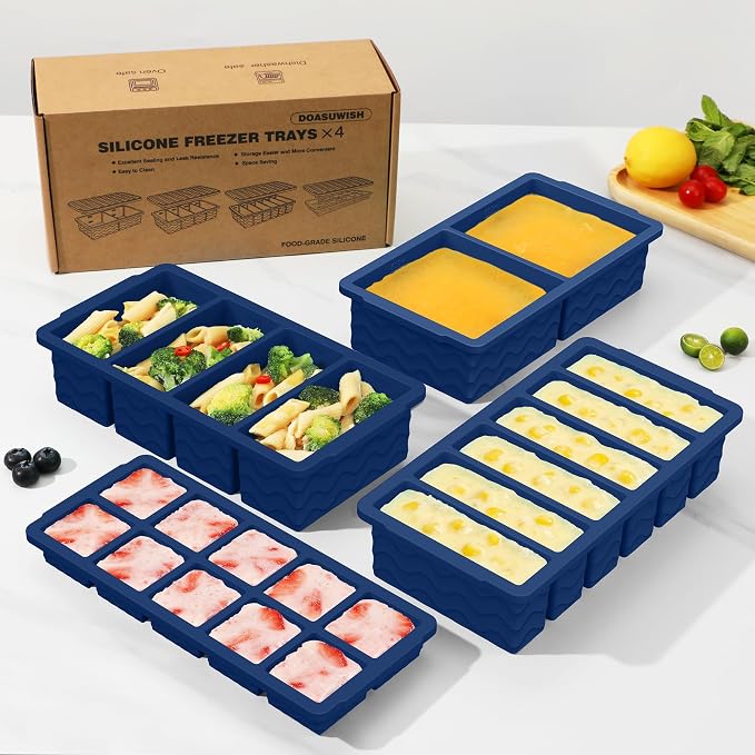 Silicone Freezer Trays with Lid (4-Pack), 1-Cup, 2-Cup, 1/2-Cup & 2-Tbsp Silicone Freezer Molds, Stackable Soup Freezer Meal Prep Containers,Ice Cube Tray for Making Sauce,Smoothies,Yogurt Bites - Image 8