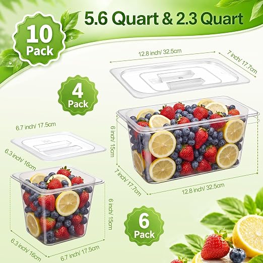 Sliner 10 Pack Plastic Clear Food Pans with Lids, Stackable and Freezer Safe Commercial Food Storage Containers for Fridge Salad Polycarbonate (6" 1/3+1/6 Set) - Image 2