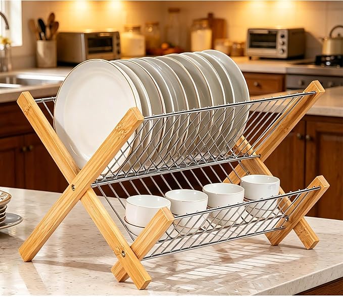 2-Tier Collapsible Dish Drying Rack – Space-Saving Wood & Metal Kitchen Counter Organizer for Dishes, Plates, Cups & Utensils, Compact Folding Design - Image 2