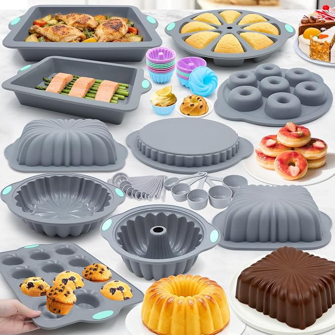 51 Piece Silicone Baking Pan Set, Non-Stick Bakeware Set with Baking Pans, Reusable Donut Mold, Food-Grade Silicone Molds for Cakes, Cookies, Muffins, Bread, Light Grey - Image 7