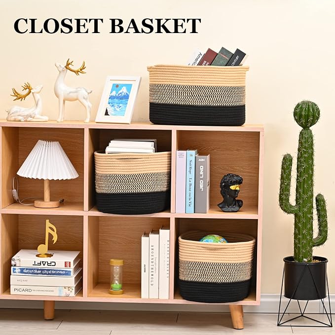 Cotton Rope Storage Baskets for Organizing 1Pack 15"x10"x9" Woven Baskets for Storage,Shelf Baskets Cube Storage Bins Towel Baskets for Bathroom,Toys Baskets Nursery Basket Laundry Baskets(Black/Brown) - Image 4