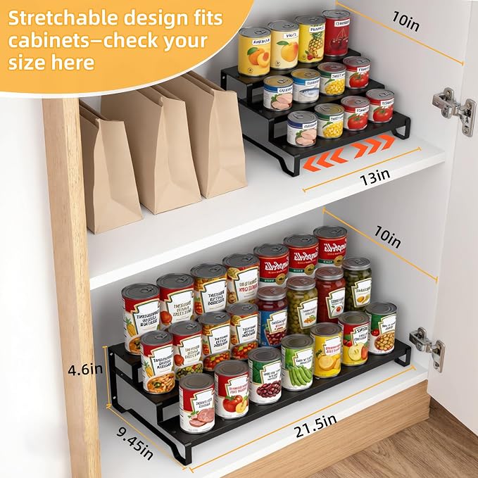 Expandable Can Organizer for Pantry, 3 Tier Metal Canned Food Storage | 13"-21" Adjustable Length, Tiered Reversible Shelf Design, Large-Capacity Storage for Pantry Kitchen Cabinets & Countertops - Image 3