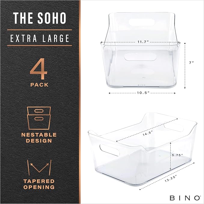 BINO | Plastic Organizer Bins, X-Large - 4 Pack | The SOHO Collection | Multi-Use Organizer Bins | Pantry & Freezer Bin | Plastic Storage Containers | Bin for Home & Kitchen Org - Image 2